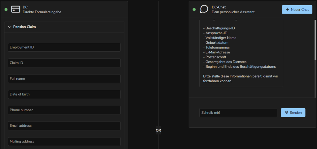 Flexible Dateneingabe für alle Anfragen – Die Eingabe der benötigten Daten für eine Anfrage ist auf verschiedenen Wegen möglich: telefonisch, per WhatsApp, über einen Chatbot oder ein Webformular. Dein Kunde kann die Daten bequem in das Webformular eingeben oder im Dialog mit dem Chat erfassen – einfach und flexibel!