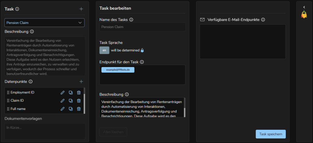 KI-gestützte Aufgabenerstellung – Das System benötigt nur den Namen der Aufgabe, um automatisch relevante Datenpunkte und eine präzise Beschreibung zu generieren. Du kannst die Vorschläge direkt übernehmen oder anpassen. Diese Automatisierung macht die Erstellung schneller, verständlicher und optimal auf deinen Prozess abgestimmt – mit wenigen Klicks, einfach und zeitsparend.